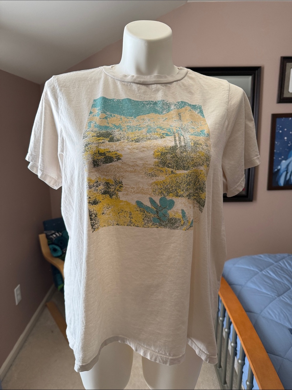 Modcloth White Graphic Desert Landscape Tee with Teal & Mustard Print